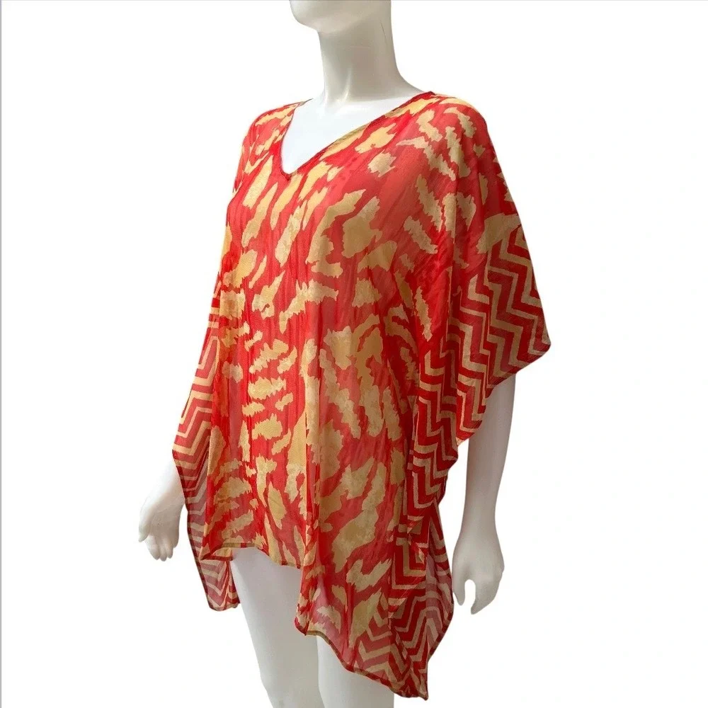 Chicos Red Abstract Animal Print Sheer Kaftan Swim Cover Up Boho Resortwear S/M